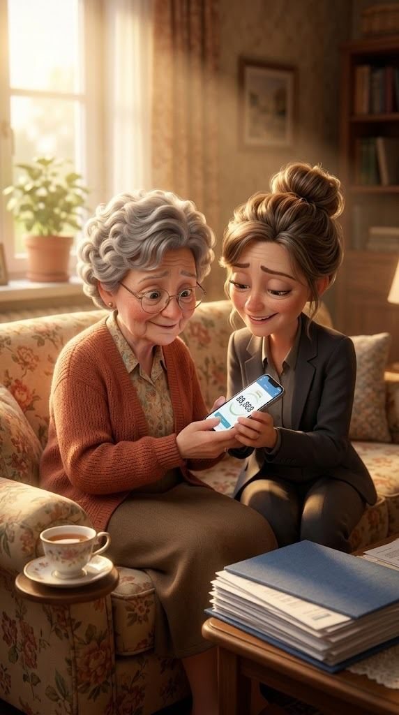 Mutter und Tochter sitzen gemeinsam auf dem Sofa und schauen lächelnd auf ein Handy.