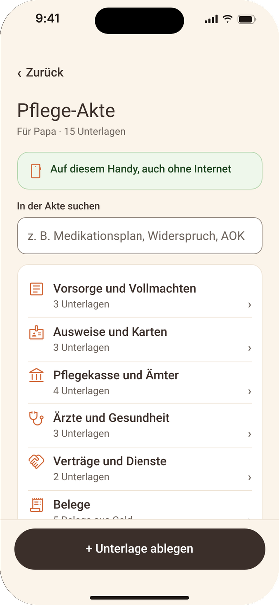 App-Ansicht: Pflege-Akte mit Vollmachten, Ausweisen und Arztunterlagen, auch ohne Internet